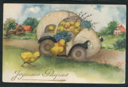 Jolie Carte Fantaisie Poussins Et Automobile Rehaussés De Paillettes De "Joyeuses Pâques" Signée HANNES PETERSEN - Petersen, Hannes