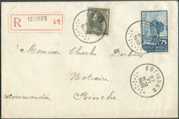 75 Centimes Léopold III + 1Fr.75 Exposition De Bruxelles Obl. Sc ESTINNES Sur Lettre Recommandée Du 27-VI-1935 Vers Binc - Briefe U. Dokumente