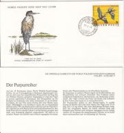 BIRDS, PURPLE HERON, WWF- WORLD WILDLIFE FUND, COVER FDC WITH ANIMAL DESCRIPTION SHEET, 1977, HUNGARY - Picotenazas & Aves Zancudas