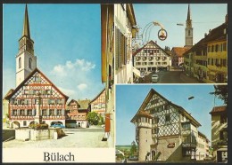 BÜLACH Mehrbilder-Karte Rathaus Ref. Kirche Metzgerei Surber Hotel GOLDENER KOPF 1979 - Bülach