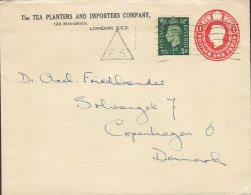 Great Britain Uprated Postal Stationery Private Print TEA PLANTERS & IMPORTERS Co. Triangle F.S Cancel To Denmark - Luftpost & Aerogramme