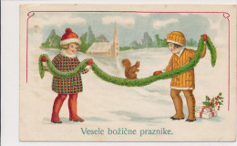 F. BAUMGARTEN, UNSIGN, CHRISTMAS, CHILDREN WITH FIR GARLAND, SQUIRELL, VF Cond. LITHO PC, Used,  1928 - Baumgarten, F.