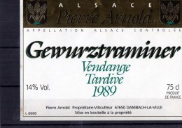 GEWURZTRAMINER - Vendanges Tardives 1989  (Etiquette Collée Sur Feuille D´expo) - Gewurztraminer