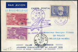 FRANCE - N° 383 + VIGNETTES / CP COMMEMORATIVE DE LA BAULE LE 24/7/1938, 1er VOL LA BAULE BELLE ILE - SUP - Premiers Vols