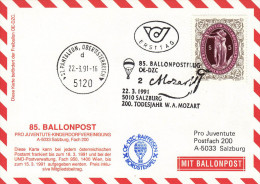 1991, 85. Ballonpostflugkarte Pro-Juvente "Mozart" - Globos