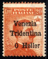 ITALIA -  TRENTO & TRIESTE  - ERRORE Soprast. "SENZA  2" - *MLH - 1919 - RARE - Trento