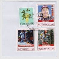 Österreich, Briefabschnitt Mit Personalisierten Marken, Skirennfahrer (Knauß, Stangassinger, Ortlieb) (v011) - Sellos Privados
