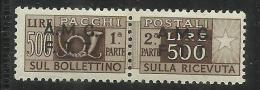 TRIESTE A 1947 1948 AMG-FTT SOPRASTAMPATO D'ITALIA ITALY OVERPRINTED PACCHI POSTALI PARCEL POST LIRE500 MNH BEN CENTRATO - Postpaketen/concessie