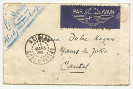 Petite Lettre Carte De Visite Au Depart D´Abidjan Pour Le Cantal  Affranchi A 3 Francs 40 Cts  Avec 4 Timbres - Brieven En Documenten