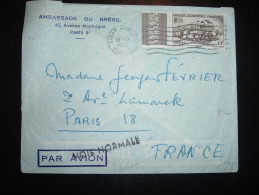 LETTRE AMBASSADE DU BRESIL TP AOF TRAIN 15F OBL.MEC. 18 X 1952 DAKAR PRINCIPAL SENEGAL + GRIFFE VOIE NORMALE - Brieven En Documenten