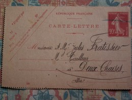 ""  ENTIER  POSTAL  CARTE  LETTRE  1914   SEMEUSE"" - Kartenbriefe