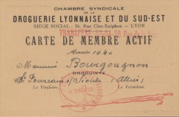 69  -  LYON   -   CHAMBRE SYNDICALE De La DROGUERIE LYONNAISE ET DU SUD-EST   -   Carte Membre Actif  -  1940 - Drogisterij & Parfum