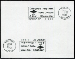 NOUVELLE CALEDONIE - ESSAI FLAMME SECAP SPECIMEN DES CCP DE NOUMEA LE 1/12/1982, SUR PETIT BRISTOL - LUXE - Covers & Documents