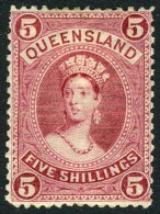 Queensland #76 Mint Hinged 5sh Carmine Rose Victoria From 1885 (thin Paper) - Neufs