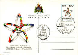 CONGRESSO MONDIALE DELL'UNIONE POSTALE UNIVERSALE  /   Card _ Cartolina Da Lire 400 -_ Fist Day - Lettres & Documents