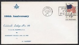 United States 1962 Masonic Cover - Masonic Caldwell NJ Lodge 59 100th K.283 - Freemasonry