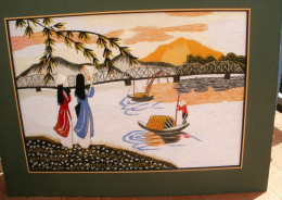 Tableau Entièrement Brodé à La Main, Fil De Soie, Asiatique, Sampan, 35 X 49 Cm - Aziatische Kunst