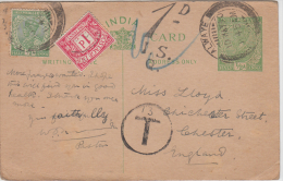 India  1930  KG V UNderp[aid Taxed Due Stamp Affixed 1/2A Post Card To  United Kingdom # 83276  Inde Indien - 1911-35 King George V