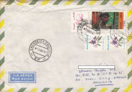 STAMPS ON COVER, NICE FRANKING, FLOWERS, YANOMAMI INDIAN, 1991, BRAZIL - Cartas & Documentos