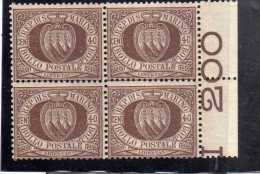 SAN MARINO 1892 - 1894 STEMMA COAT OF ARMS ARMOIRIES CENT.40 MNH QUARTINA CON BORDO NUMERATO DISCRETA CENTRATURA BLOCK - Unused Stamps