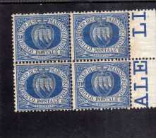 SAN MARINO 1894-99 STEMMA COAT OF ARMS ARMOIRIES QUARTINA BLOCK MNH DISCRETA CENTRATURA CENTRATURA - Unused Stamps