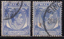 2 Diff., Perf., Of 15c 1948 And 1950, Singapore KG VI Used - Singapour (...-1959)