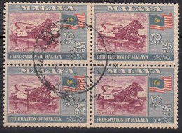 Used Block Of 4, 25c Dredge, Flag, Malaysia 1957, - Fédération De Malaya