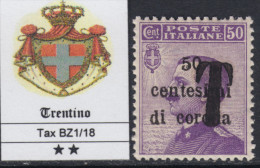 ITALIA - TRENTINO - Sass BZ1/ 18 - Cv 188 Euro - CERTIFICATO+ Firmato - Gomma Integra - MNH** - Trento