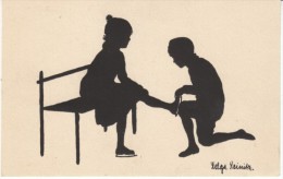 Helga Reinitz Artist Signed Silhouette, Boy And Girl Ice Skate, C1920s/30s(?) Vintage Postcard - Silhouettes