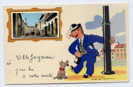 VILLEFAGNAN--fantaisie Signée Avec Mini Vue (dessin Homme-ivrogne,chien)--cpsm 14 X 9  éd  J.P - Villefagnan