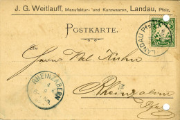 Carte Postale Privée Avec Timbre 5 Pfennig Vert Oblitéré De LA§ND§AU Pfalz 1902 Pour Rheinzabern 2 Trous Défaut - Covers & Documents