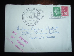 LETTRE TP BEQUET 0,50F+ CHEFFER 0,30F OBL.MEC.23-9-1974 LE HAVRE PPAL(76)+ GRIFFE ROUGE S.S FRANCE EN GREVE CHENAL BLOQU - Documents