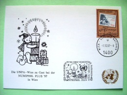 United Nations Vienna 1997 Special Cancel NUMPHIL On Postcard - Stamp On Stamp - Engraver - Bear With Candle Cancel - Briefe U. Dokumente