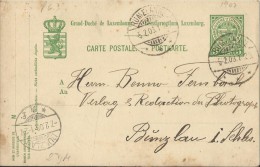 LUXEMBOURG 1908 - PRE-STAMPED POSTAL CARD OF 5 C FROM  RUMELINGEN A BUNZLAU FEB 5 ARR FEB 7   REJAL255/27 - 1907-24 Scudetto