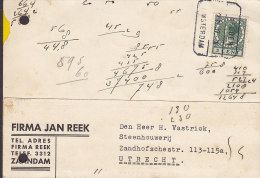 Netherlands FIRMA JAN REEK (Zaandam) Railway Ambulant HELDER - AMSTERDAM 1937 To UTRECHT (2 Scans) - Briefe U. Dokumente