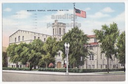APPLETON WI, MASONIC TEMPLE BUILDING - 1950s Vintage Linen Wisconsin Postcard - Appleton