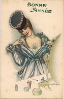 FANTAISIE FEMME ILLUSTRATEUR SIGNE BERTIGLIA : " Bonne Année " Bagues Collier Parfum De Toilette, Miroir - Bertiglia, A.
