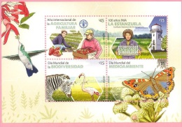 Fauna Flamingo Vogel Kolibri Schmetterling Zebra Frucht Erdbeere Thirstle Blume NEU URUGUAY STAMP MNH Block ** - Kolibries