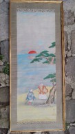 CHINE - Grand Coucher De Soleil Aux Deux Vieillards Milieu XXe Peinture Sur Soie Signée 48x117 Cm - Asian Art
