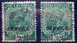 BRITISH INDIA 1926 1/2anna King George V SERVICE USED 2 Stamps - 1911-35 King George V