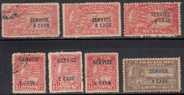 Surcharged / SERVICE Series, Shade / Perf., Varities, Travancore Used 1943 , British India State - Altri & Non Classificati