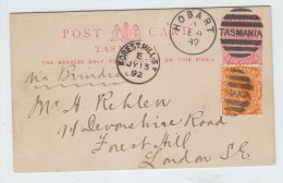 Tasmania/UK UPRATED POSTAL CARD 1892 - Lettres & Documents