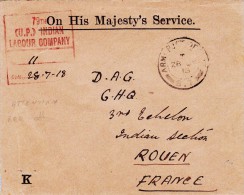 79 TH ( U.P.) Indian Labour Company To Rouen, France. Cover 1918 - 1911-35 King George V