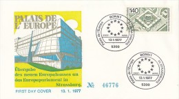 1910- EUROPEAN PARLIAMENT, EUROPEAN PALACE, EMBOISED COVER FDC, 1977, GERMANY - Institutions Européennes