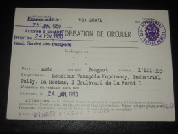 SUISSE - Vaud - Autorisation De Circuler Industriel Automobile 1950 Peugeot - Service Des Transports - Cachets - Otros & Sin Clasificación