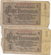 2 Billets 1 Eine Rentenmark 30 Janvier 1937 Rentenbankschein H96073601 - J96518067 - 1 Rentenmark