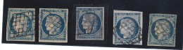 Lot De 5 Timbres N°4 - 25c Bleu - Oblitération Grille De 1849 - 1849-1850 Cérès