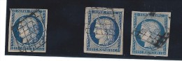 Lot De 3 Timbres N°4 - 25c Bleu - Oblitération Grille De 1849 - 1849-1850 Cérès