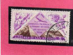 SAN MARINO 1952 POSTA AEREA AIR MAIL GIORNATA FILATELICA PHILATELIC DAY LIRE 5 USATO USED - Airmail