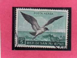 SAN MARINO 1959 POSTA AEREA AIR MAIL FAUNA AVICOLA BIRDS UCCELLI GABBIANO LIRE 5 USATO USED - Airmail